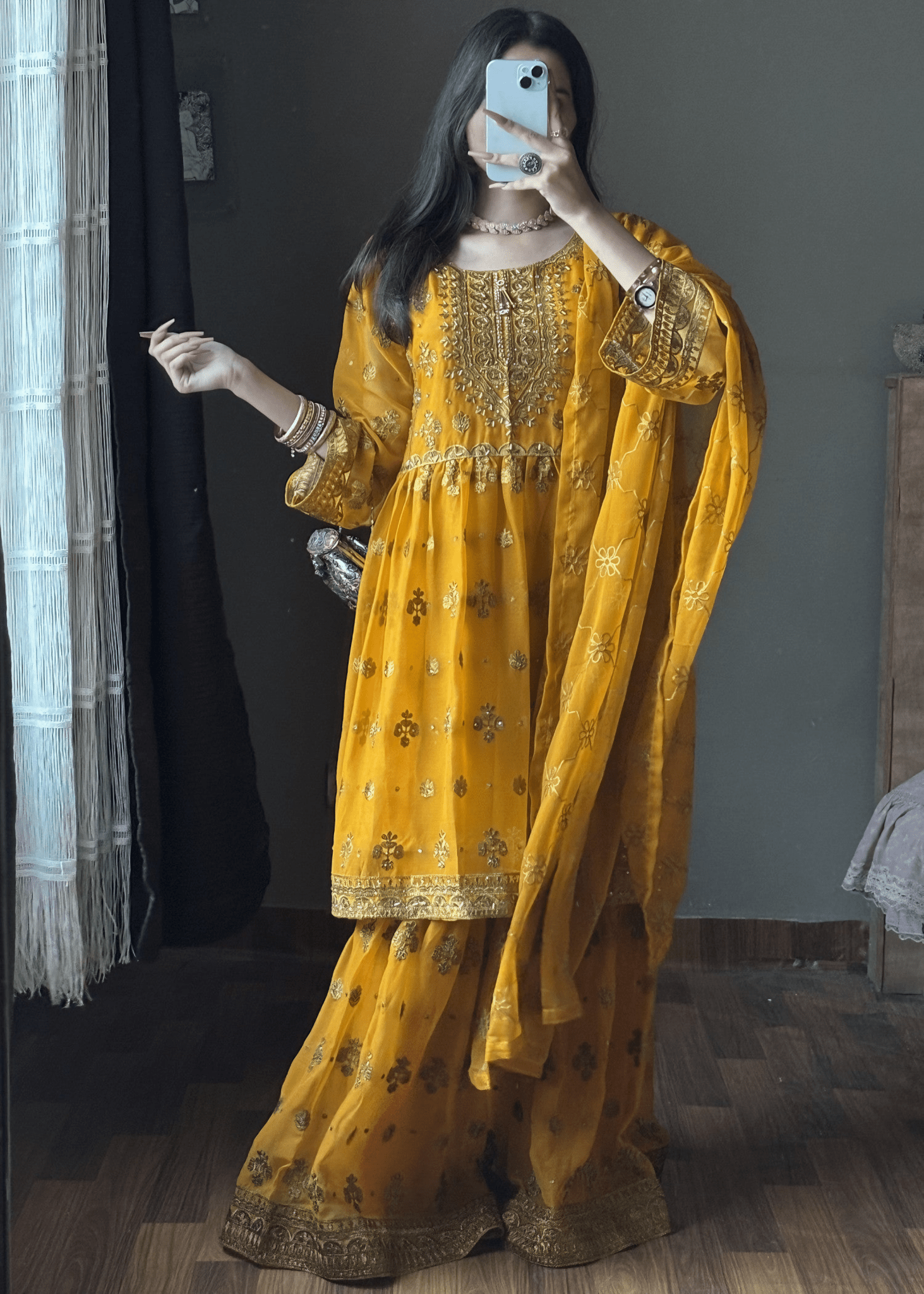 Noor - e - Amber – Mustard Embroidered Chiffon Gharara Set - Qalbi Loom