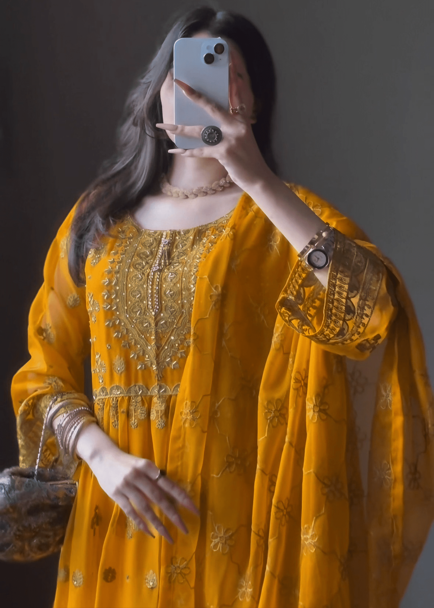 Noor - e - Amber – Mustard Embroidered Chiffon Gharara Set - Qalbi Loom