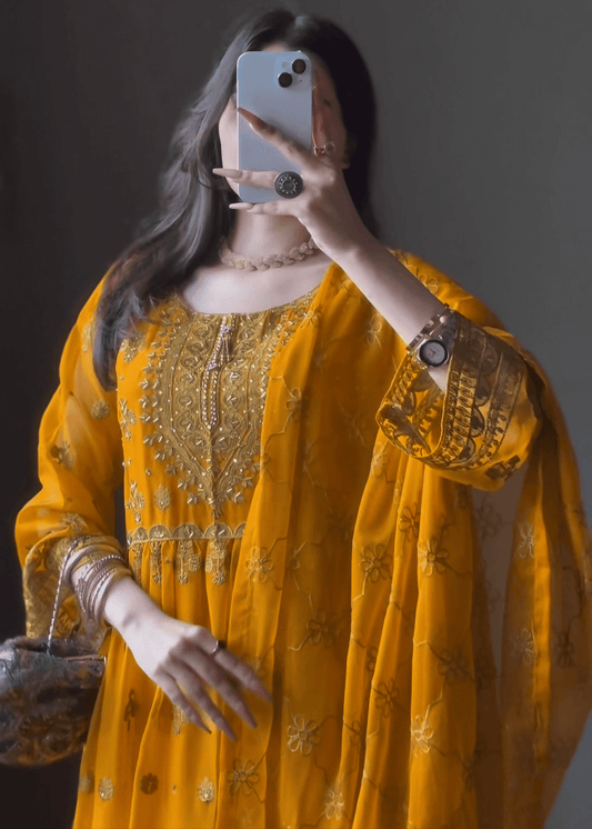 Noor - e - Amber – Mustard Embroidered Chiffon Gharara Set - Qalbi Loom