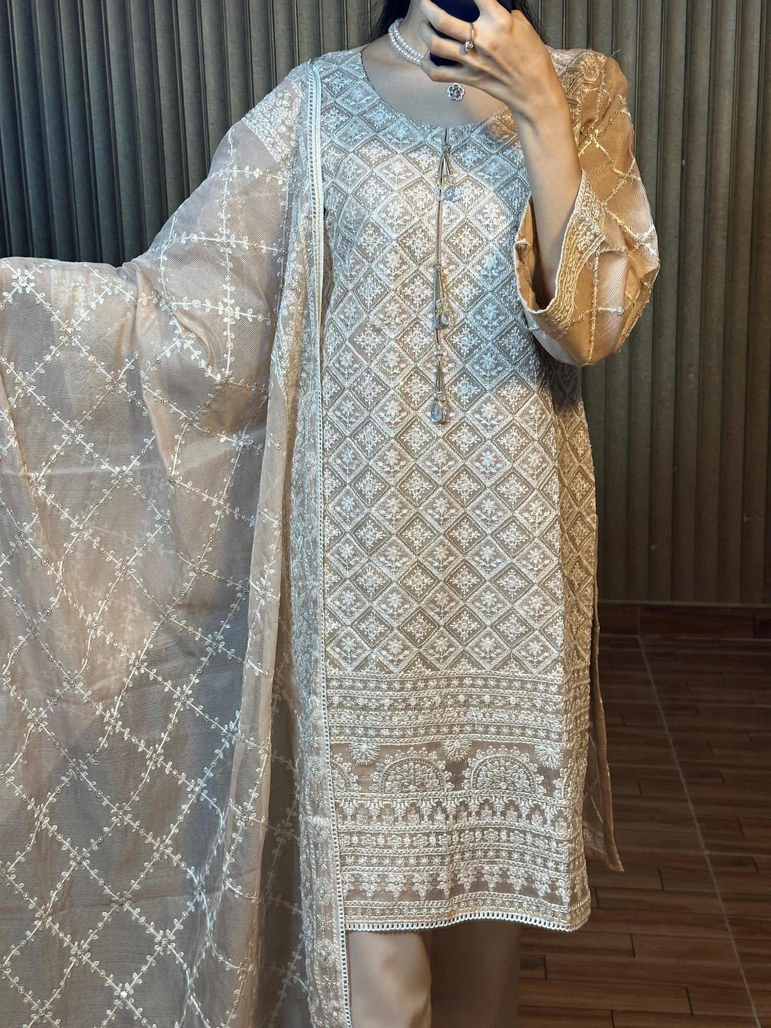 Noor - e - Hina - Embroidered Elegance in Coffee Brown - Qalbi Loom