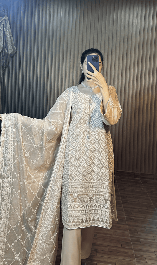 Noor - e - Hina - Embroidered Elegance in Coffee Brown - Qalbi Loom