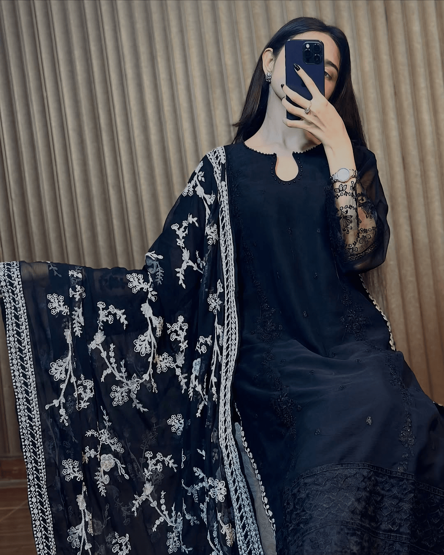 Noor - e - Siyah – Black Embroidered Chiffon Kurta Set - Qalbi Loom
