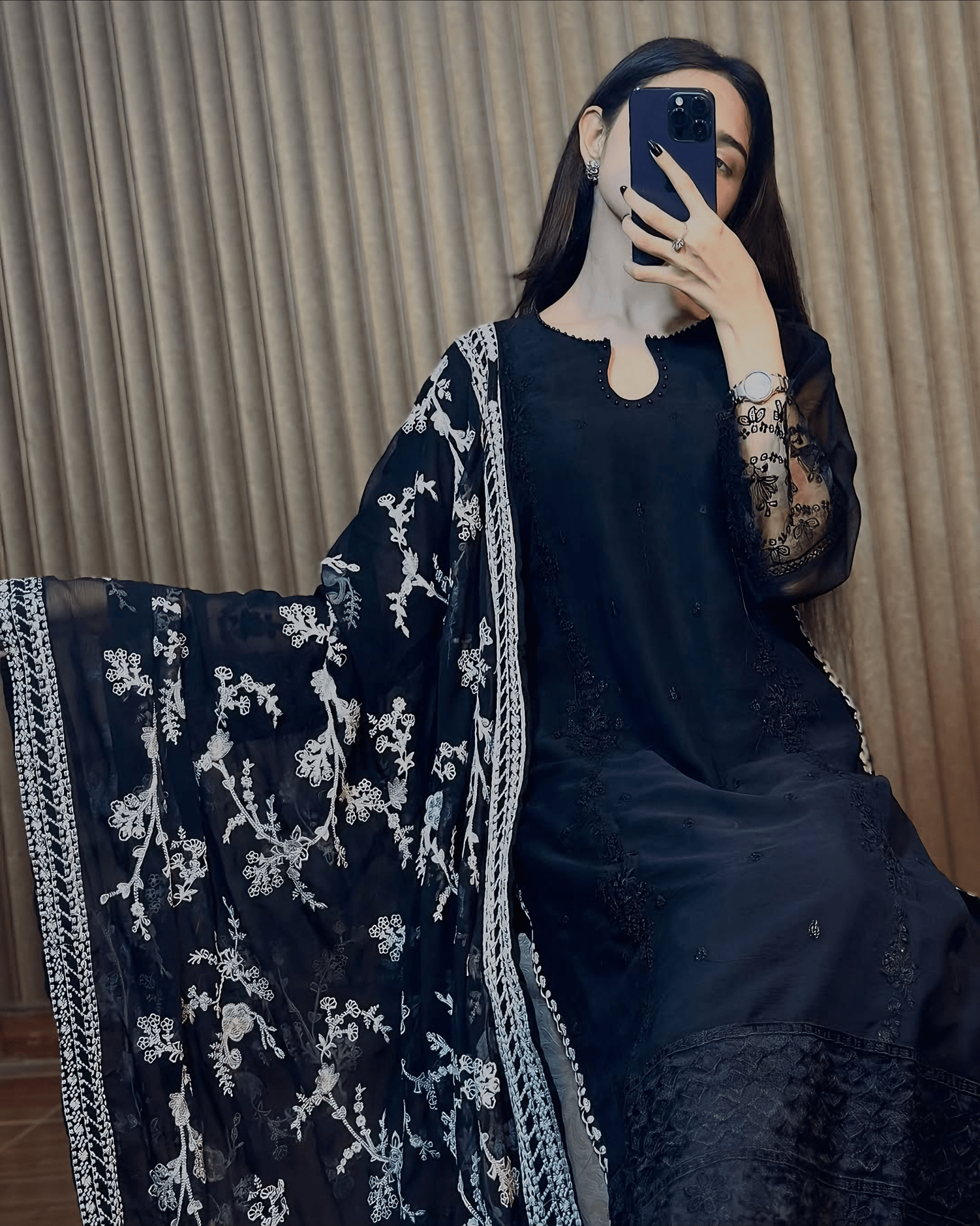 Noor - e - Siyah – Black Embroidered Chiffon Kurta Set - Qalbi Loom