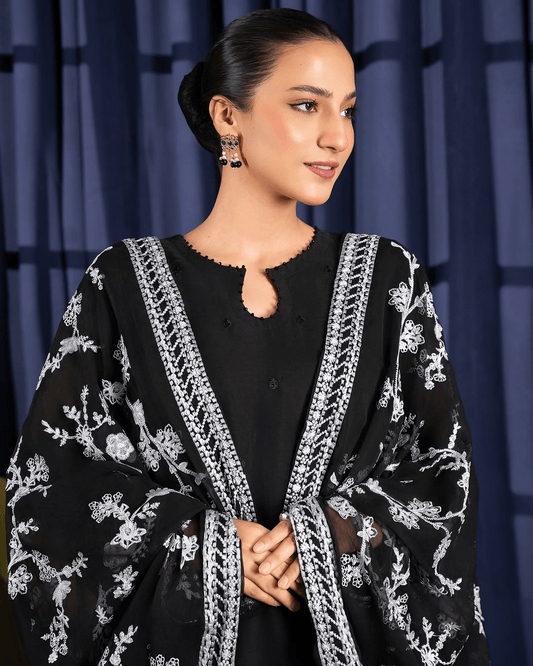 Noor - e - Siyah – Black Embroidered Chiffon Kurta Set - Qalbi Loom