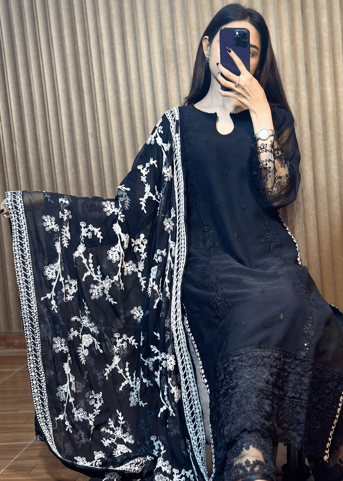 Noor - e - Siyah – Black Embroidered Chiffon Kurta Set - Qalbi Loom