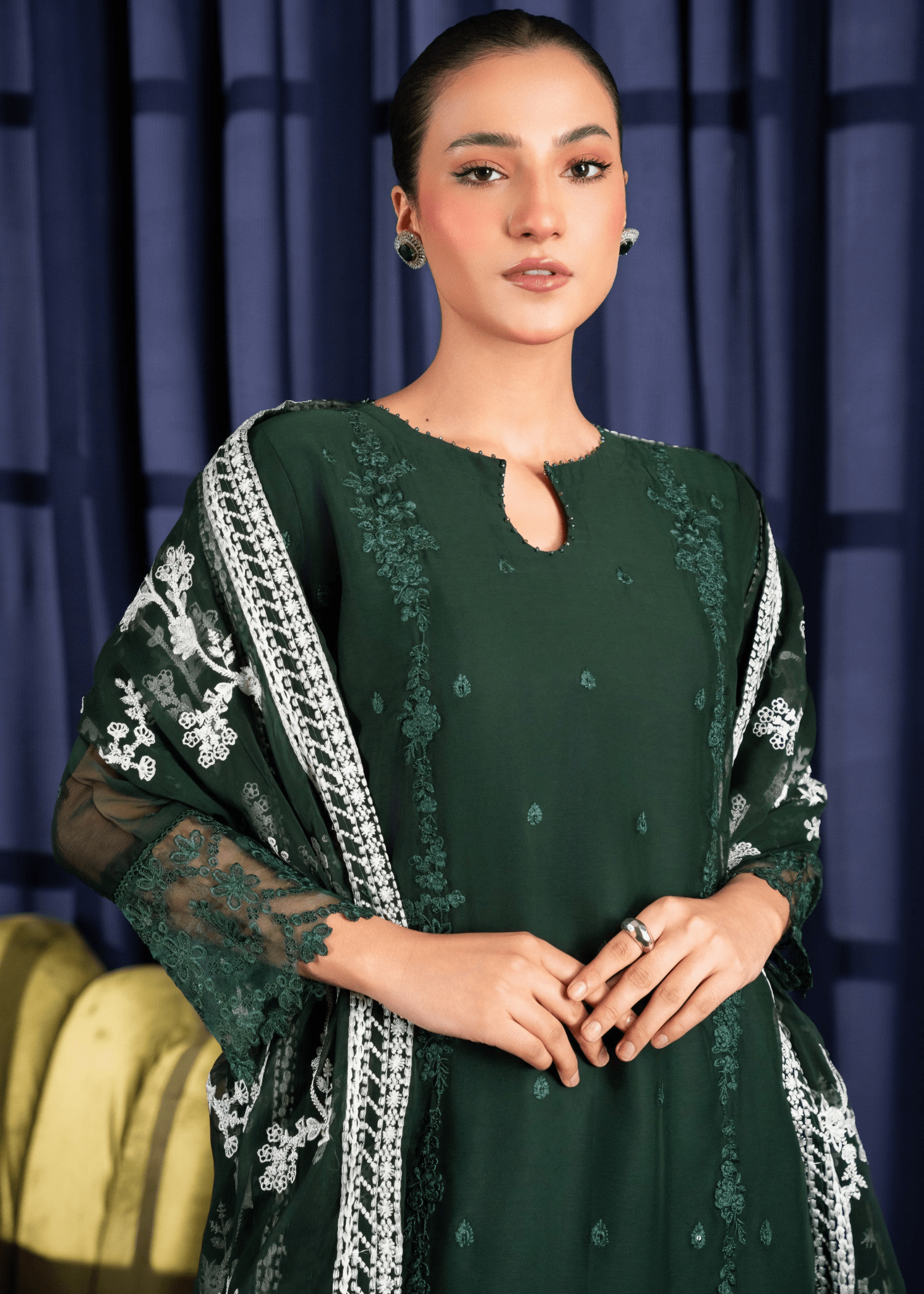 Noor Jaan – Embroidered Bottle Green Chiffon Set - Qalbi Loom