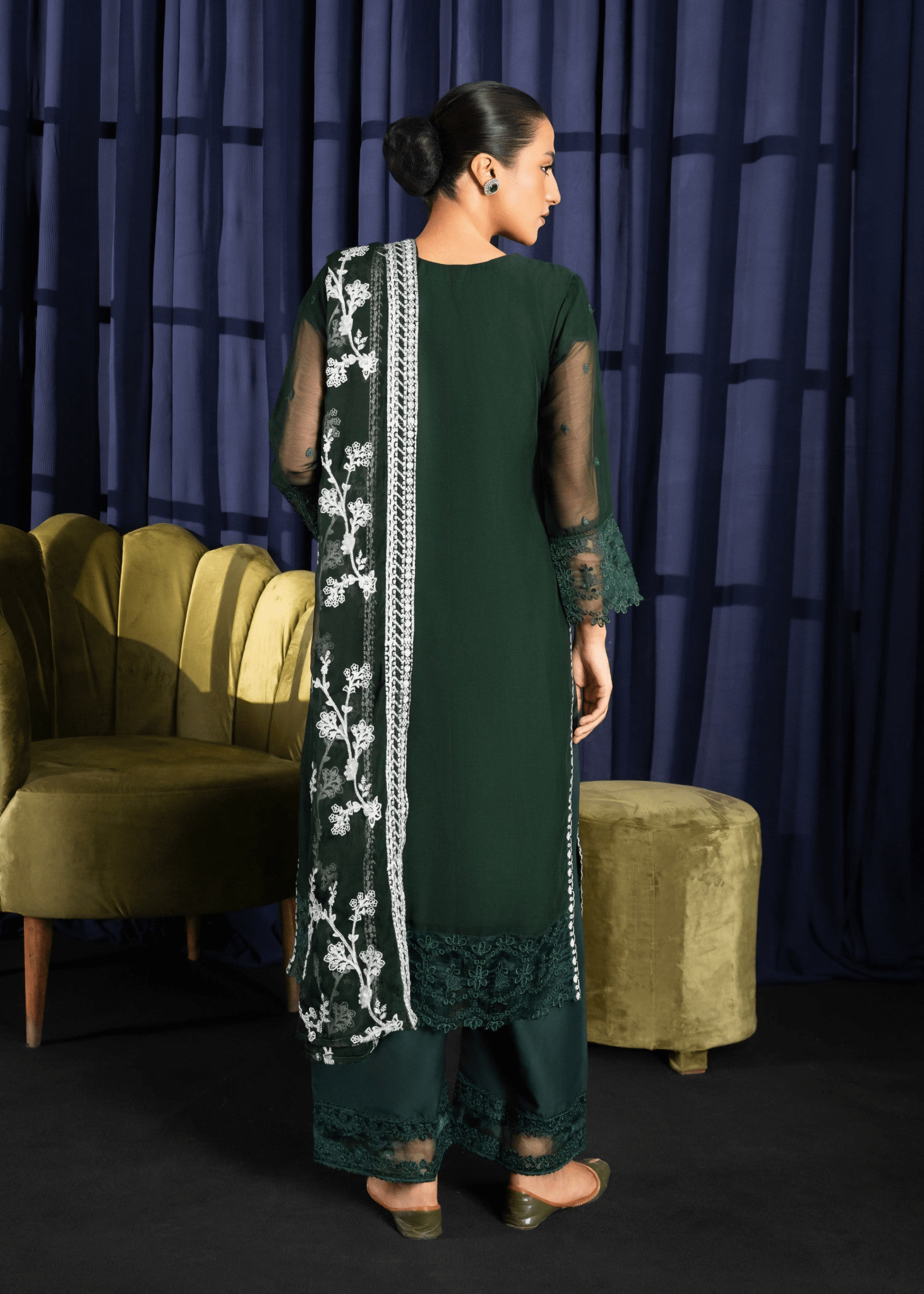 Noor Jaan – Embroidered Bottle Green Chiffon Set - Qalbi Loom
