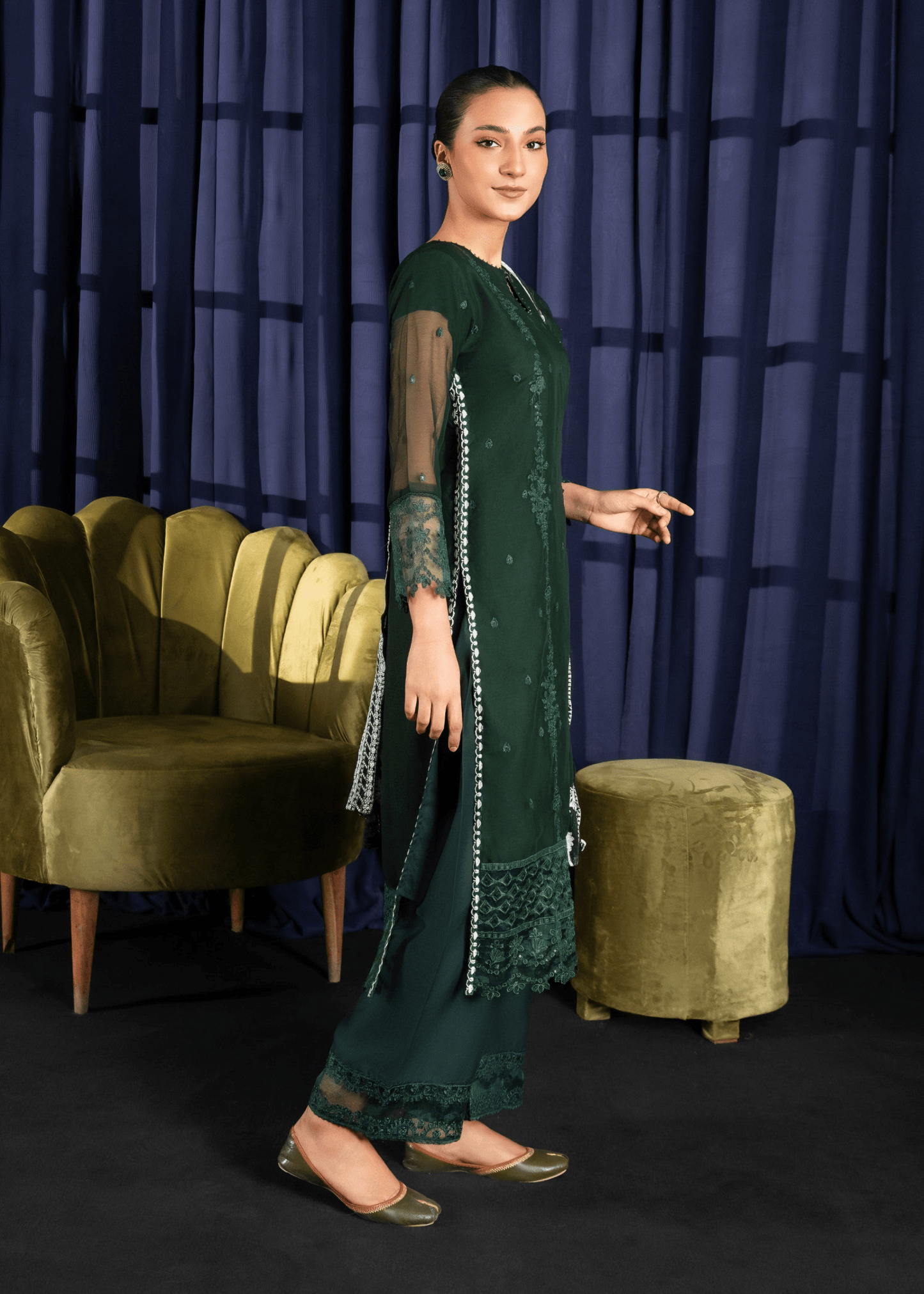 Noor Jaan – Embroidered Bottle Green Chiffon Set - Qalbi Loom