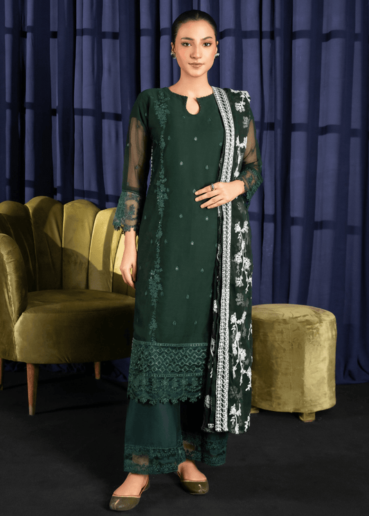 Noor Jaan – Embroidered Bottle Green Chiffon Set - Qalbi Loom