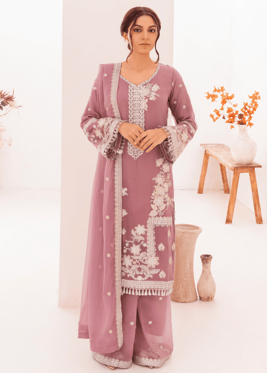 Noor Jahan – Embroidered Mauve Chiffon Set - Qalbi Loom