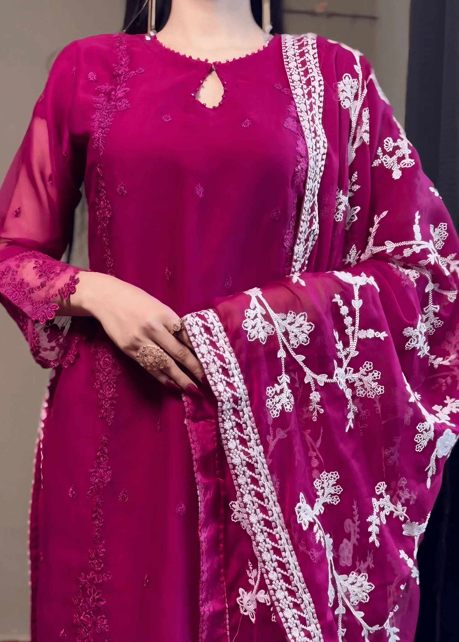 Noor Jahan - Hot Pink Embroidered Chiffon Kurta Set - Qalbi Loom