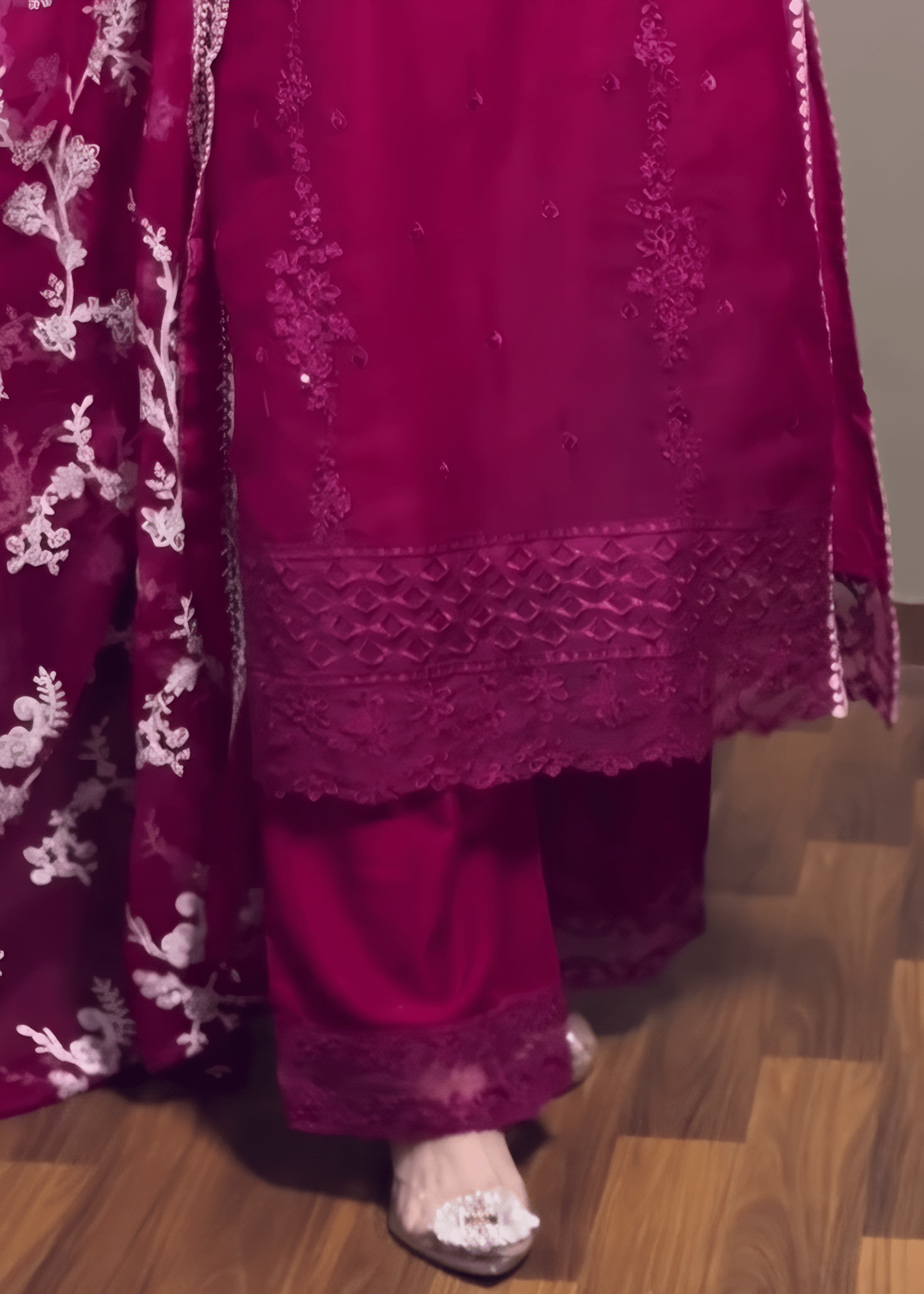 Noor Jahan - Hot Pink Embroidered Chiffon Kurta Set - Qalbi Loom