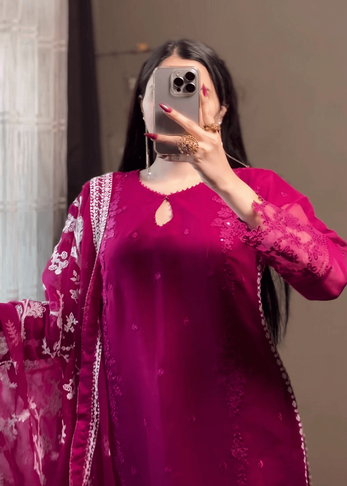 Noor Jahan - Hot Pink Embroidered Chiffon Kurta Set - Qalbi Loom