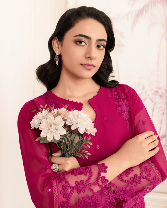 Noor Jahan - Hot Pink Embroidered Chiffon Kurta Set - Qalbi Loom