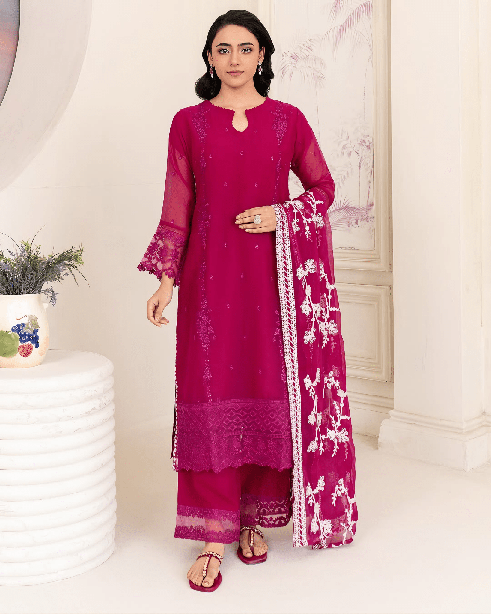Noor Jahan - Hot Pink Embroidered Chiffon Kurta Set - Qalbi Loom