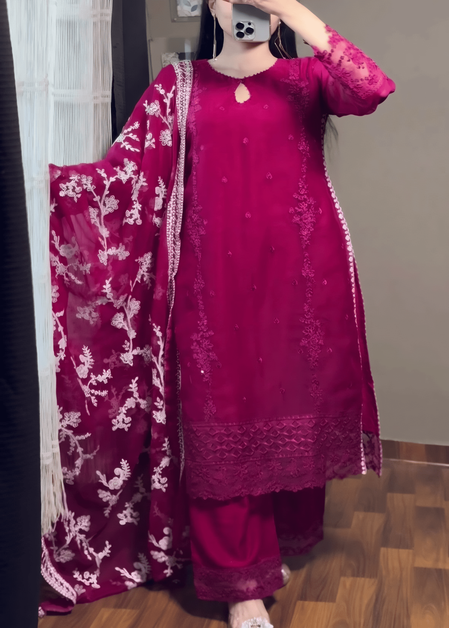 Noor Jahan - Hot Pink Embroidered Chiffon Kurta Set - Qalbi Loom