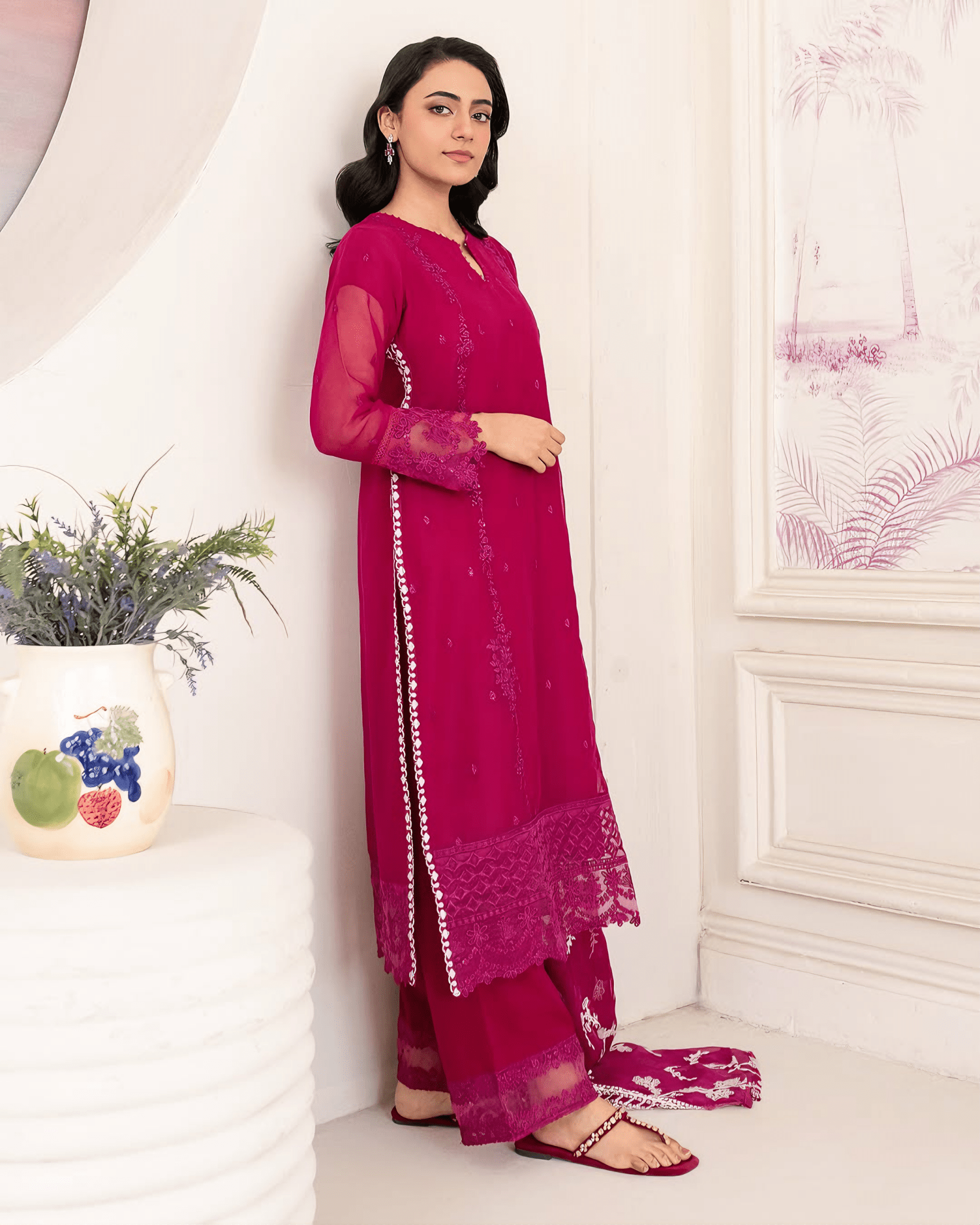 Noor Jahan - Hot Pink Embroidered Chiffon Kurta Set - Qalbi Loom