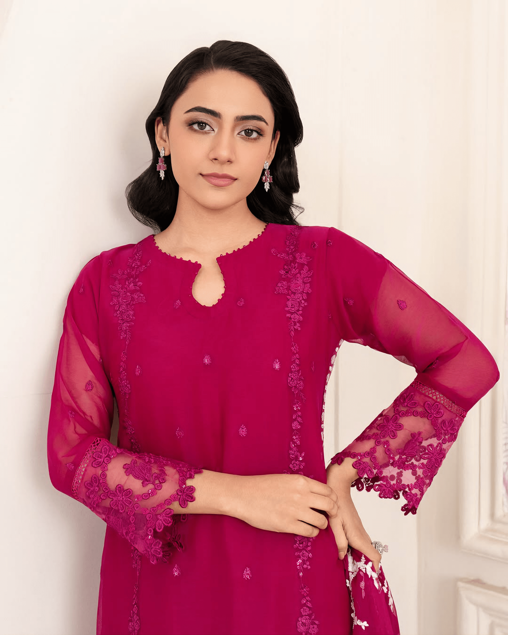 Noor Jahan - Hot Pink Embroidered Chiffon Kurta Set - Qalbi Loom