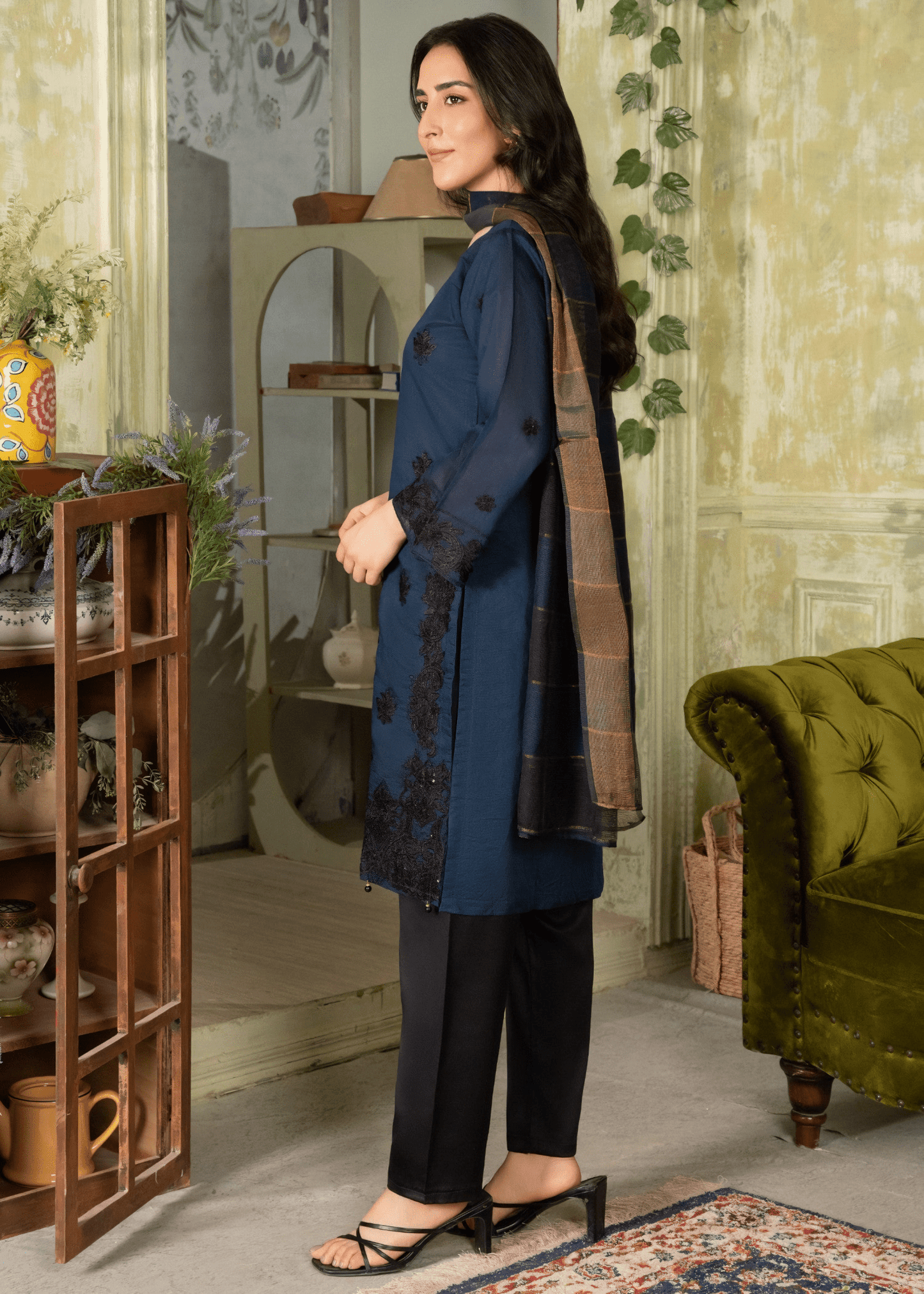 Nooré Zin – Midnight Blue Embroidered Khaddi Net Suit - Qalbi Loom