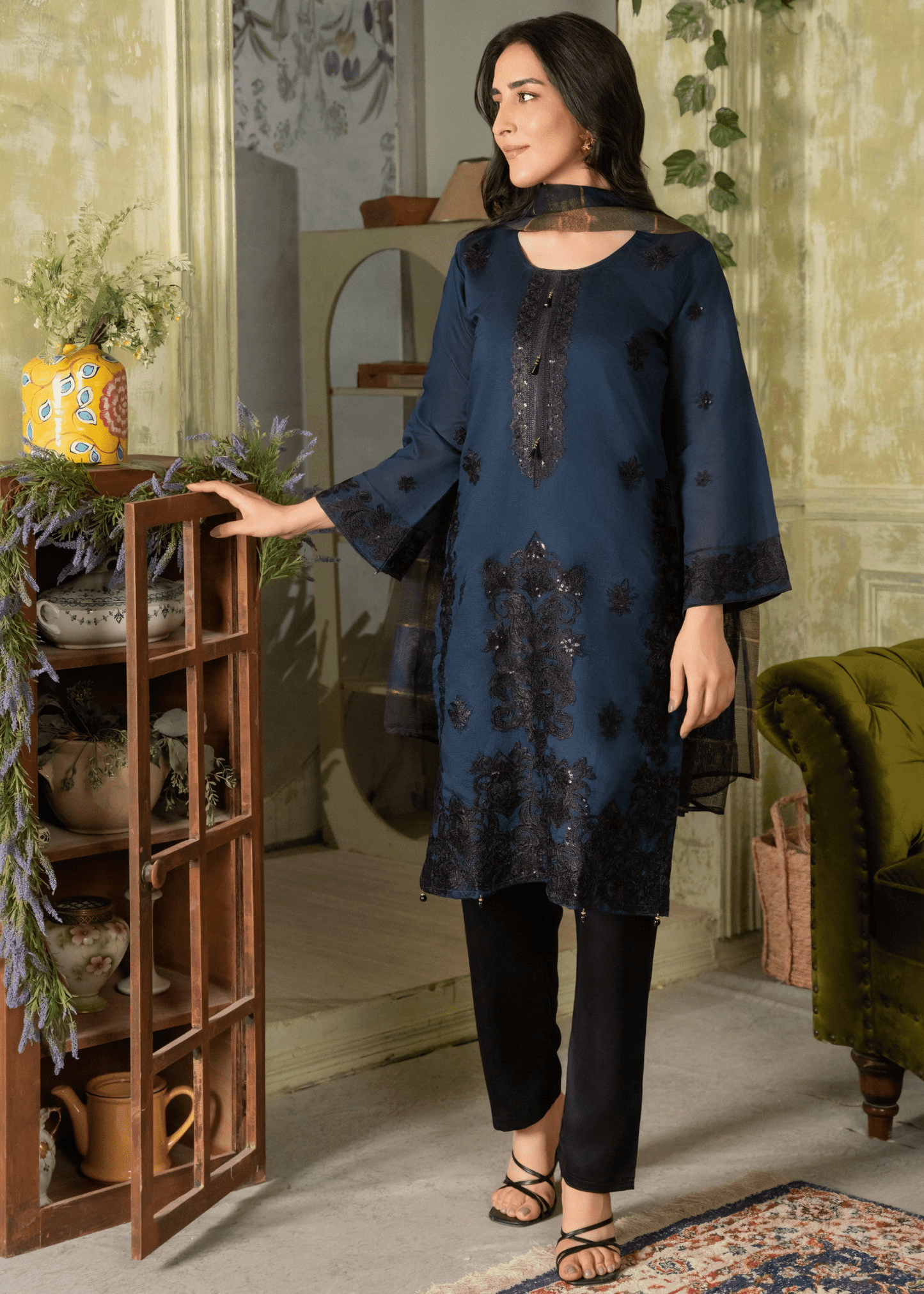 Nooré Zin – Midnight Blue Embroidered Khaddi Net Suit - Qalbi Loom
