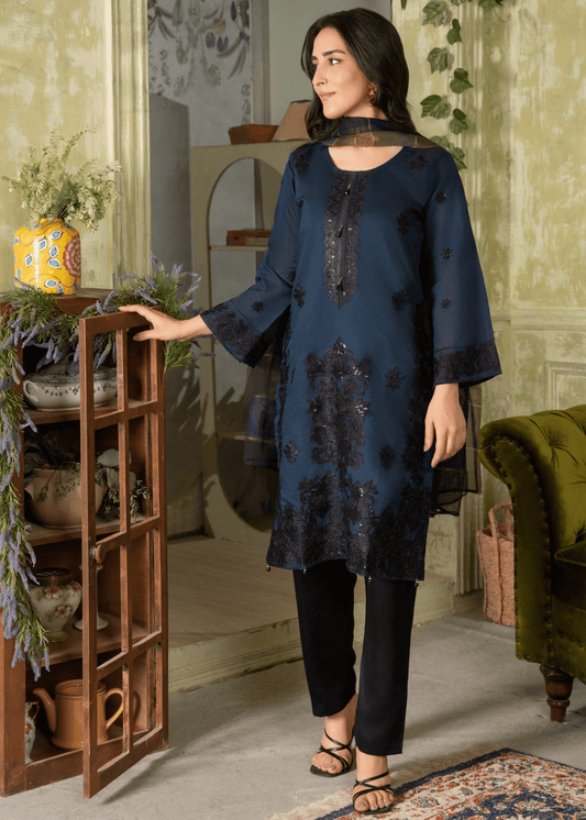 Nooré Zin – Midnight Blue Embroidered Khaddi Net Suit - Qalbi Loom