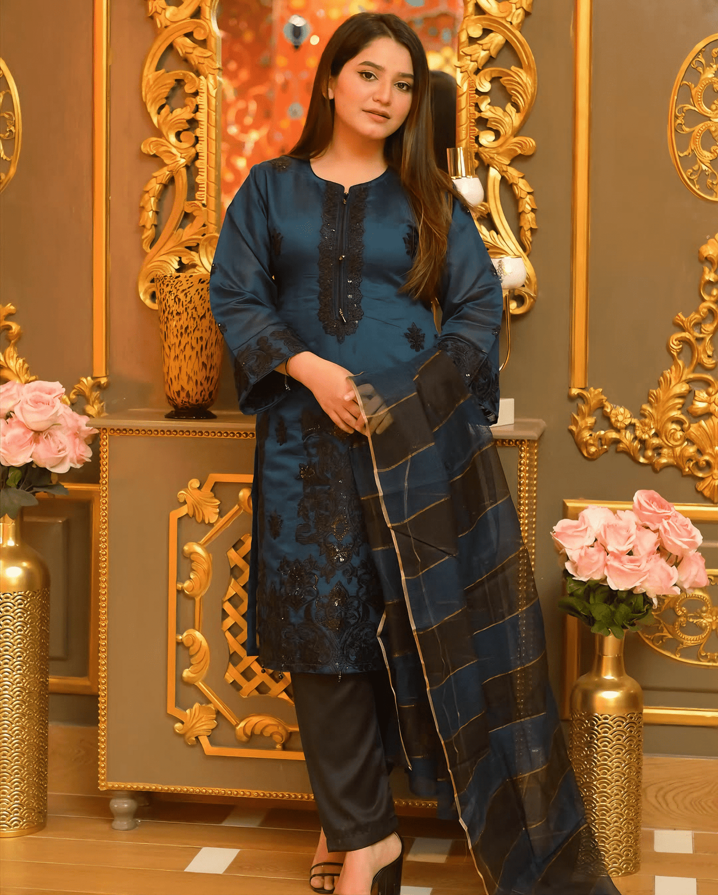 Nooré Zin – Midnight Blue Embroidered Khaddi Net Suit - Qalbi Loom
