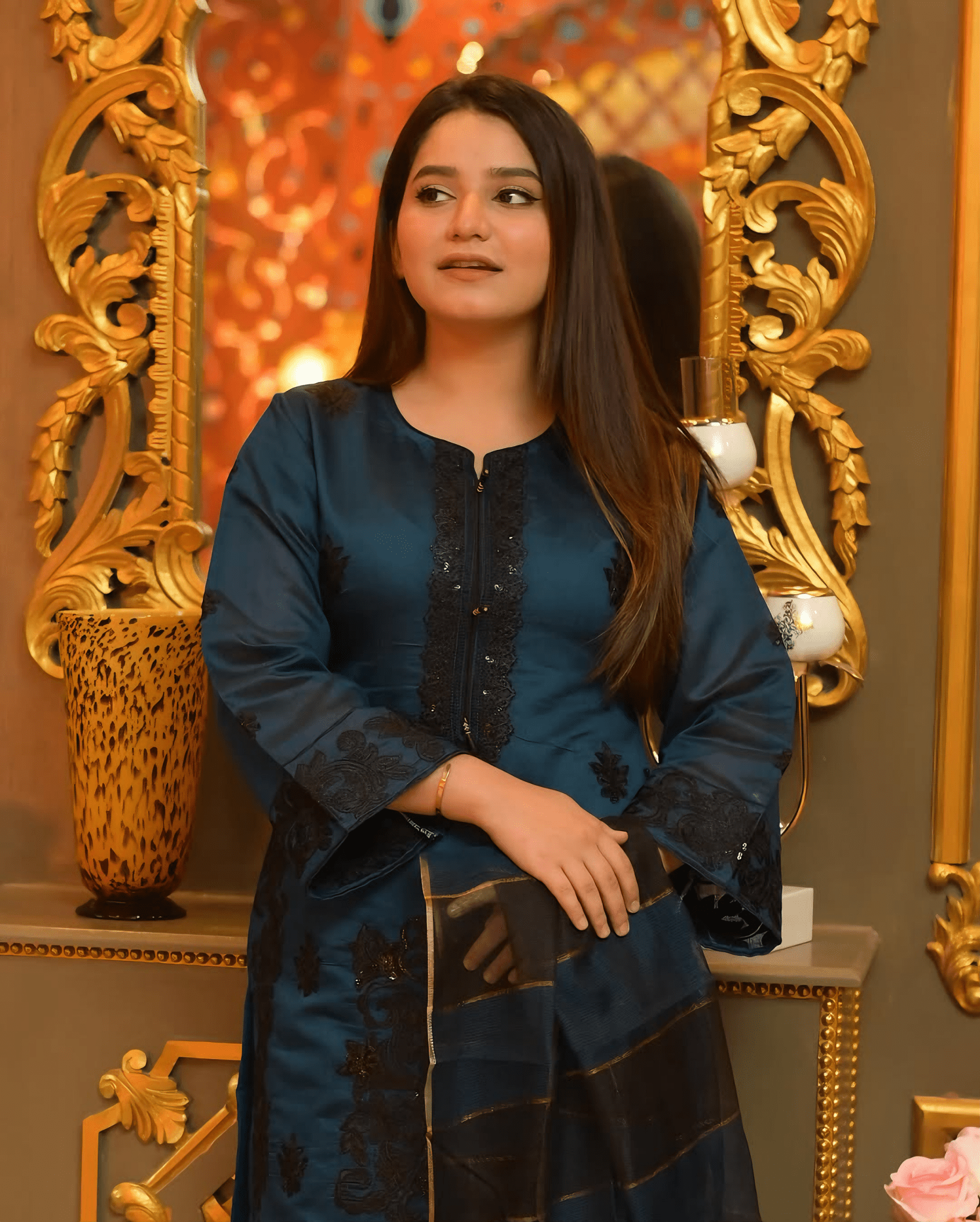 Nooré Zin – Midnight Blue Embroidered Khaddi Net Suit - Qalbi Loom