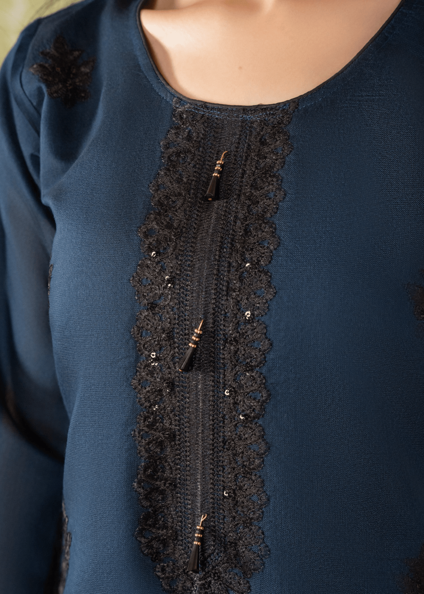 Nooré Zin – Midnight Blue Embroidered Khaddi Net Suit - Qalbi Loom