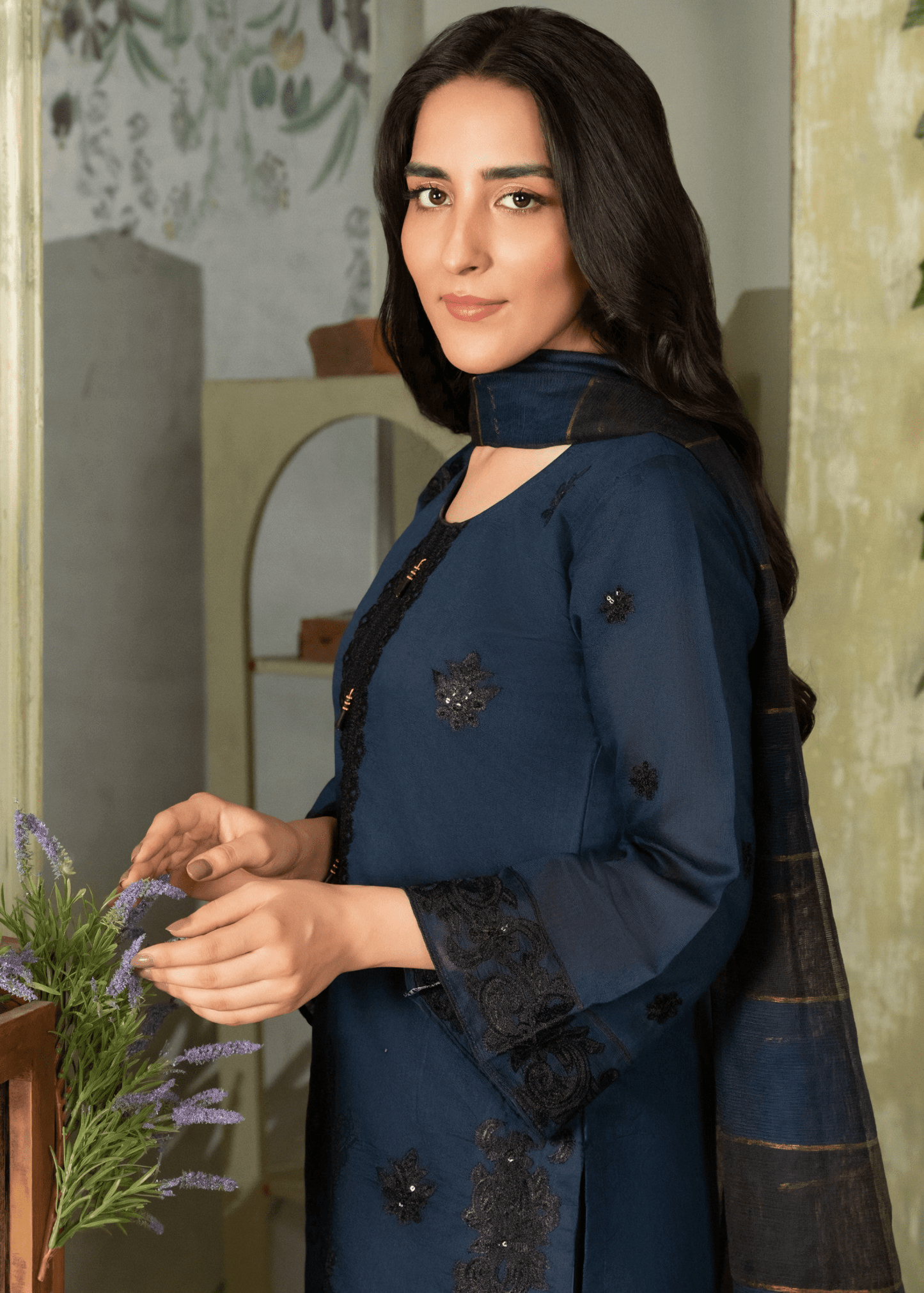 Nooré Zin – Midnight Blue Embroidered Khaddi Net Suit - Qalbi Loom