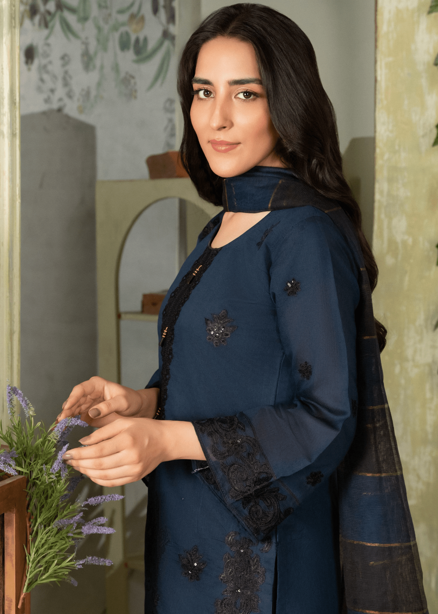 Nooré Zin – Midnight Blue Embroidered Khaddi Net Suit - Qalbi Loom