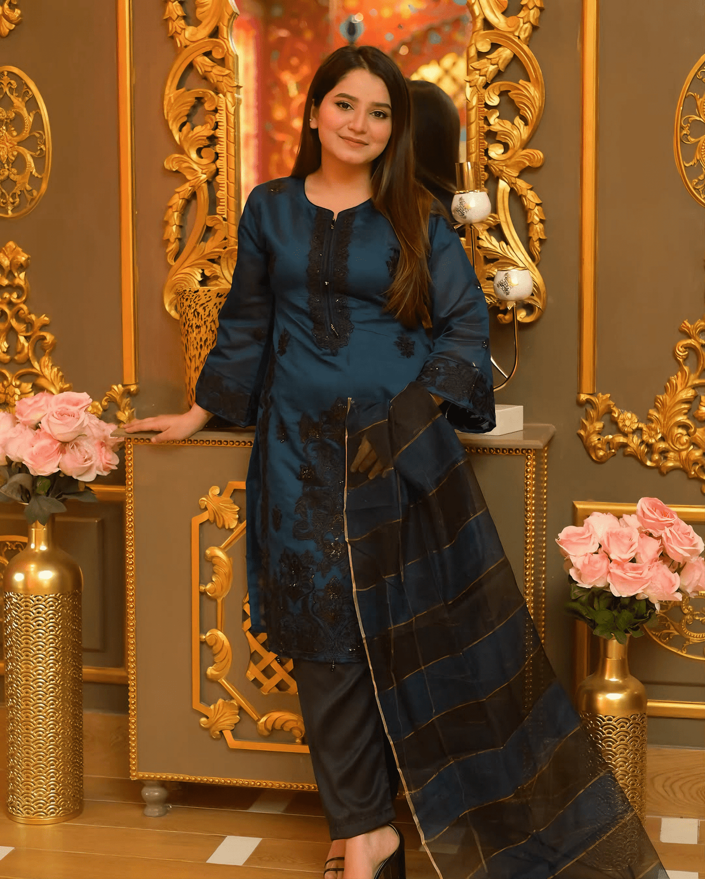 Nooré Zin – Midnight Blue Embroidered Khaddi Net Suit - Qalbi Loom