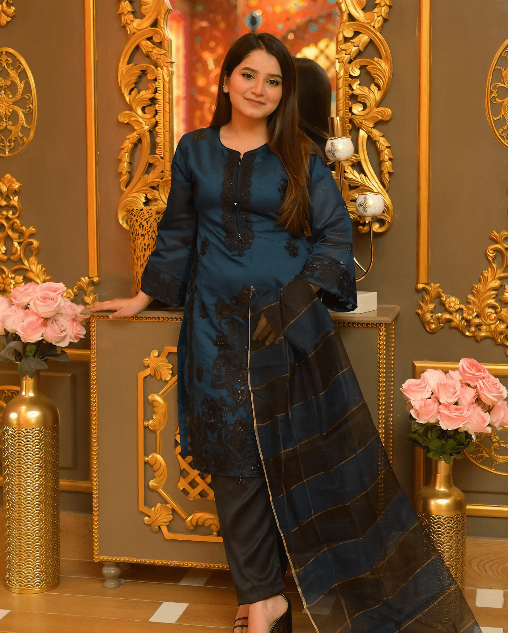 Nooré Zin – Midnight Blue Embroidered Khaddi Net Suit - Qalbi Loom