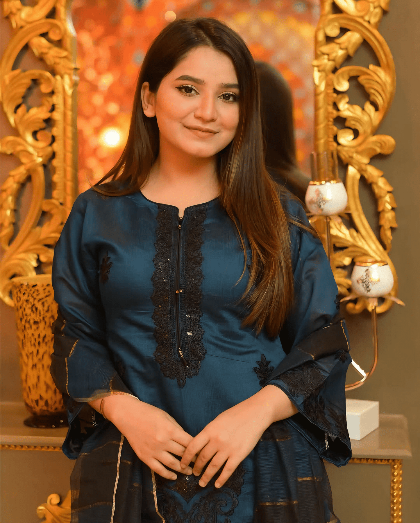 Nooré Zin – Midnight Blue Embroidered Khaddi Net Suit - Qalbi Loom