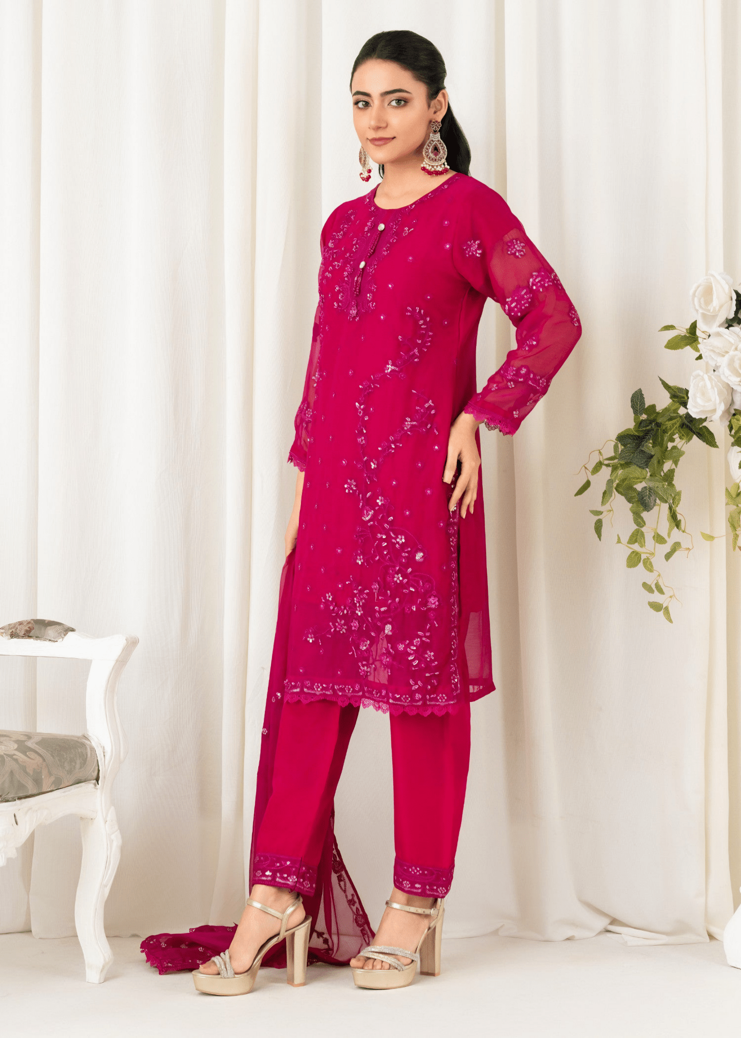 Radiance Rose – Embroidered Chiffon Kurta Set - Qalbi Loom