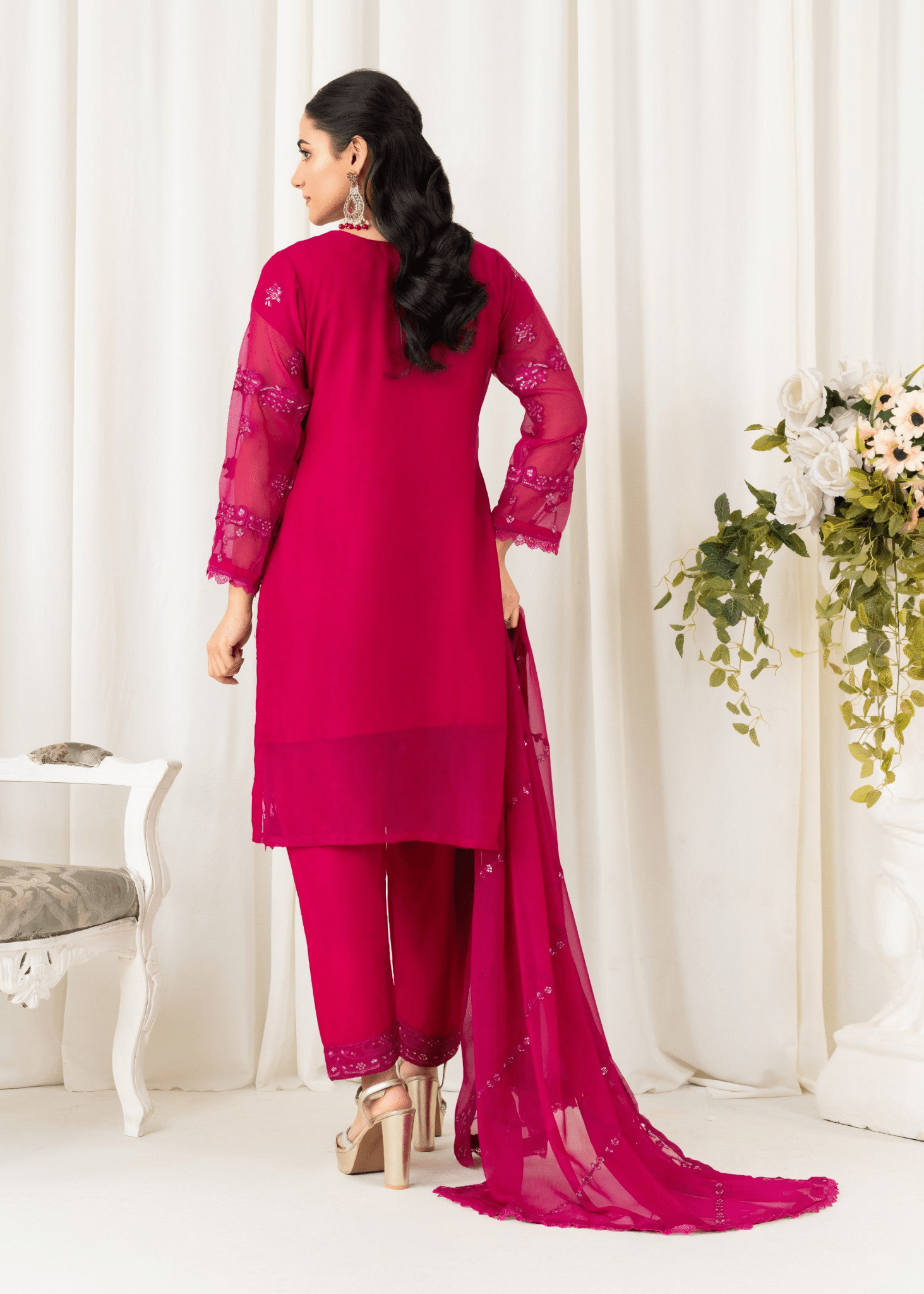 Radiance Rose – Embroidered Chiffon Kurta Set - Qalbi Loom