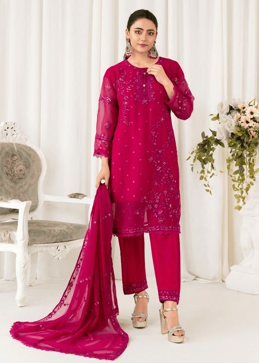 Radiance Rose – Embroidered Chiffon Kurta Set - Qalbi Loom