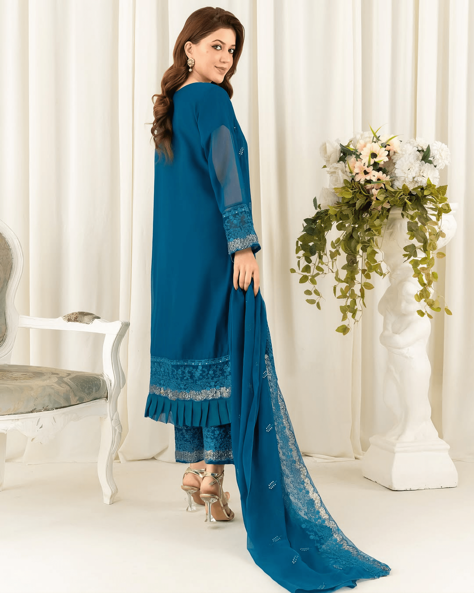 Sapphire Bloom – Deep Teal Embroidered Chiffon Kurta Set - Qalbi Loom