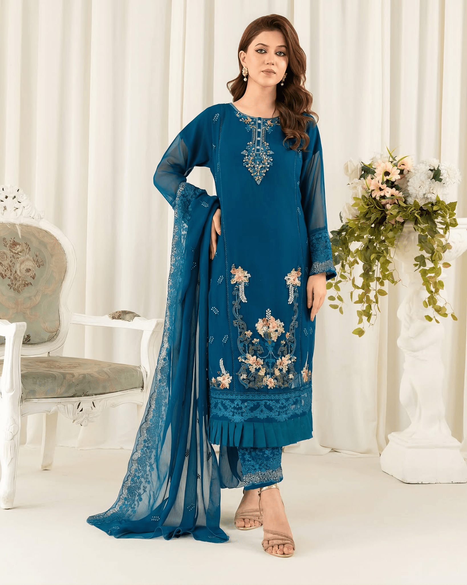 Sapphire Bloom – Deep Teal Embroidered Chiffon Kurta Set - Qalbi Loom