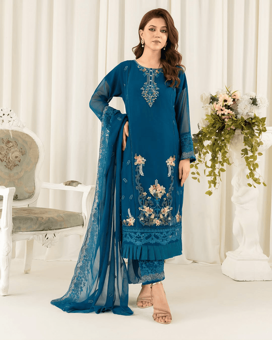 Sapphire Bloom – Deep Teal Embroidered Chiffon Kurta Set - Qalbi Loom
