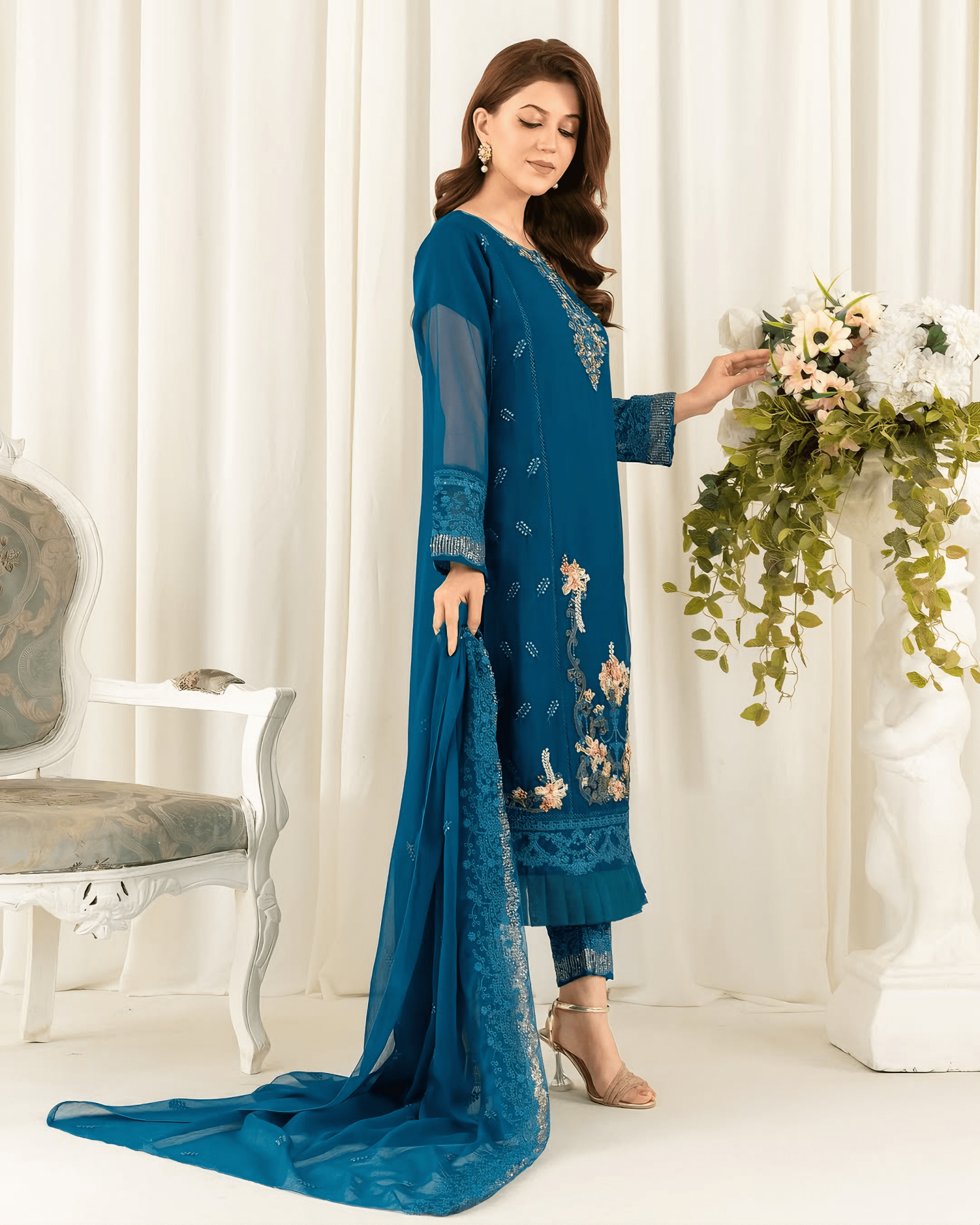Sapphire Bloom – Deep Teal Embroidered Chiffon Kurta Set - Qalbi Loom