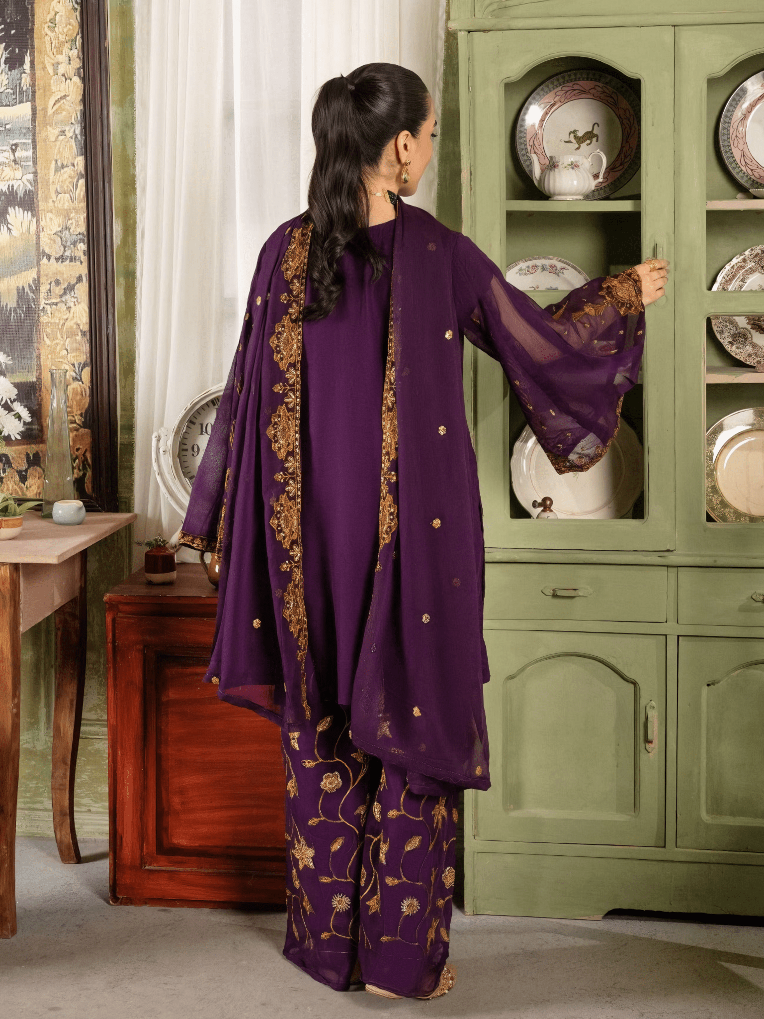 Zarish – Royal Purple Embroidered Chiffon Ensemble - Qalbi Loom