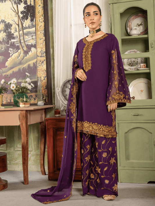 Zarish – Royal Purple Embroidered Chiffon Ensemble - Qalbi Loom