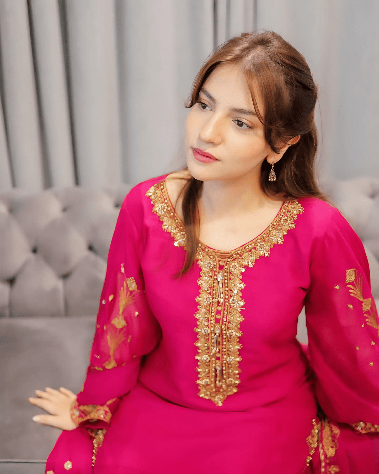 Zarish Royale - Hot Pink Embroidered Chiffon Kurta Set - Qalbi Loom