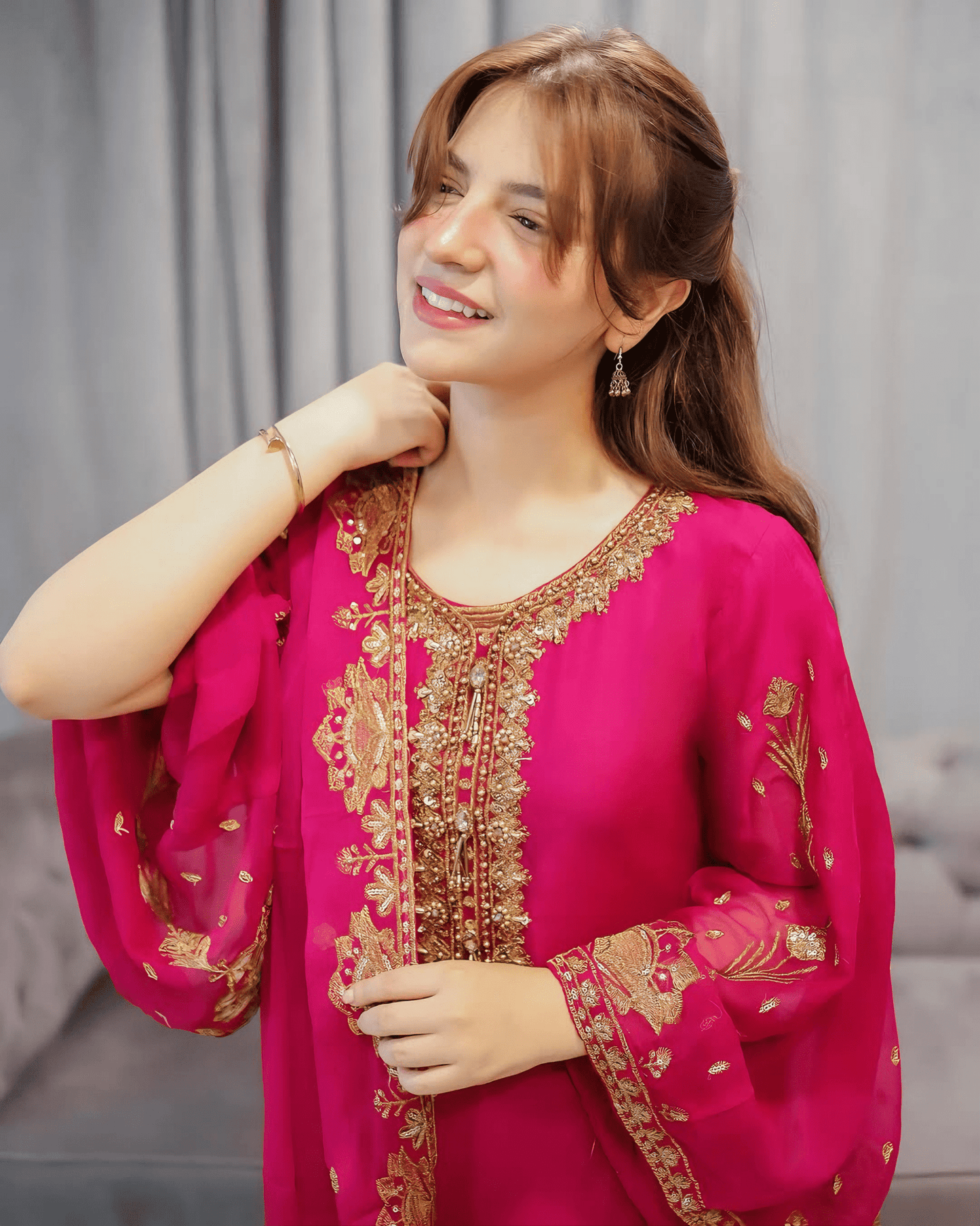 Zarish Royale - Hot Pink Embroidered Chiffon Kurta Set - Qalbi Loom