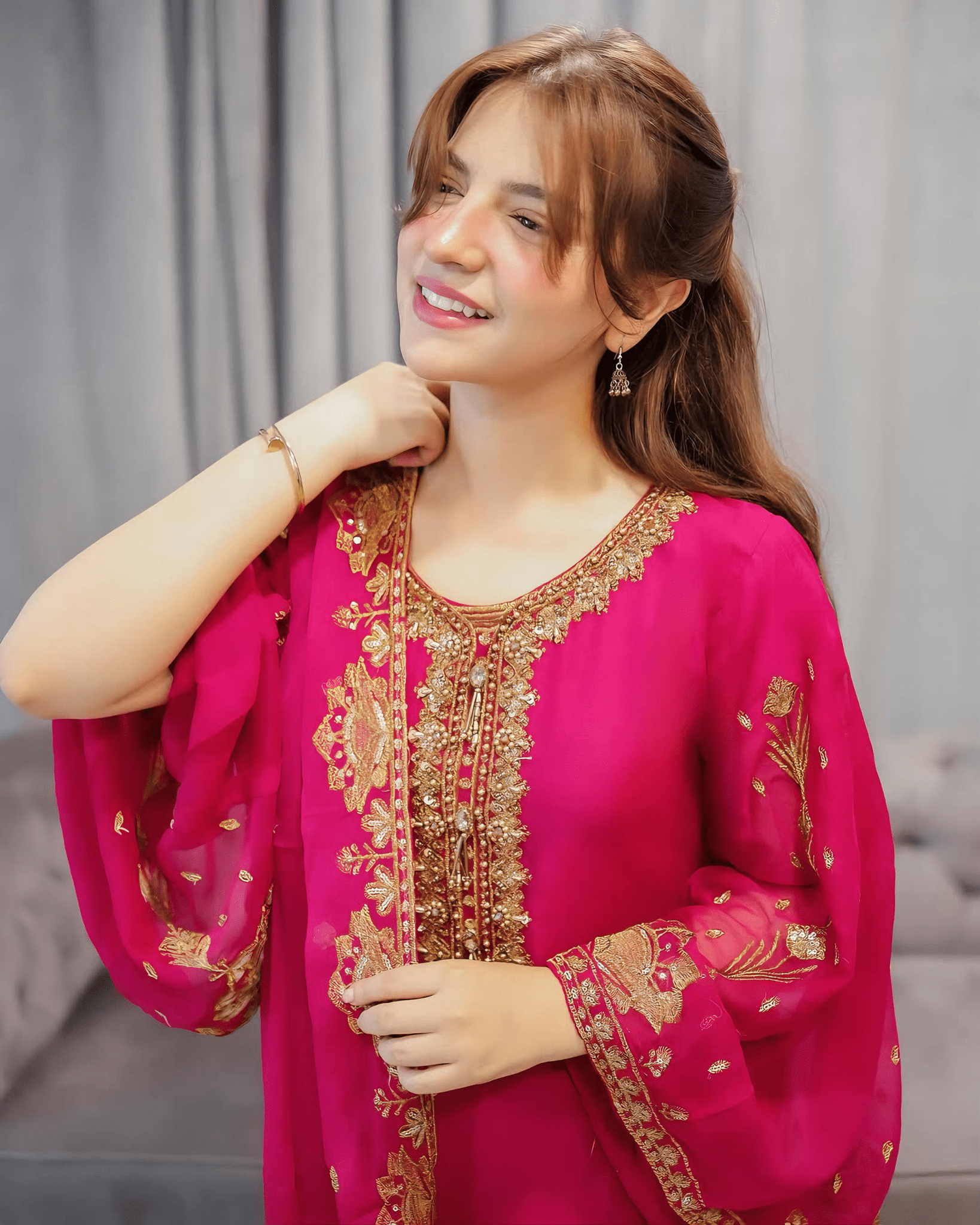 Zarish Royale - Hot Pink Embroidered Chiffon Kurta Set - Qalbi Loom