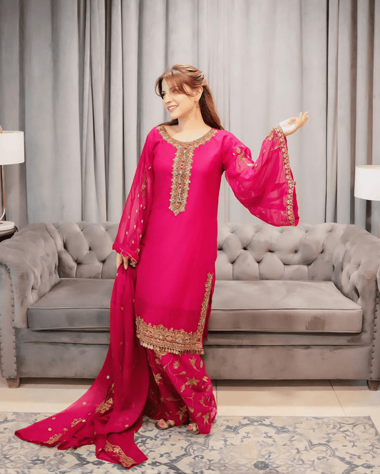 Zarish Royale - Hot Pink Embroidered Chiffon Kurta Set - Qalbi Loom