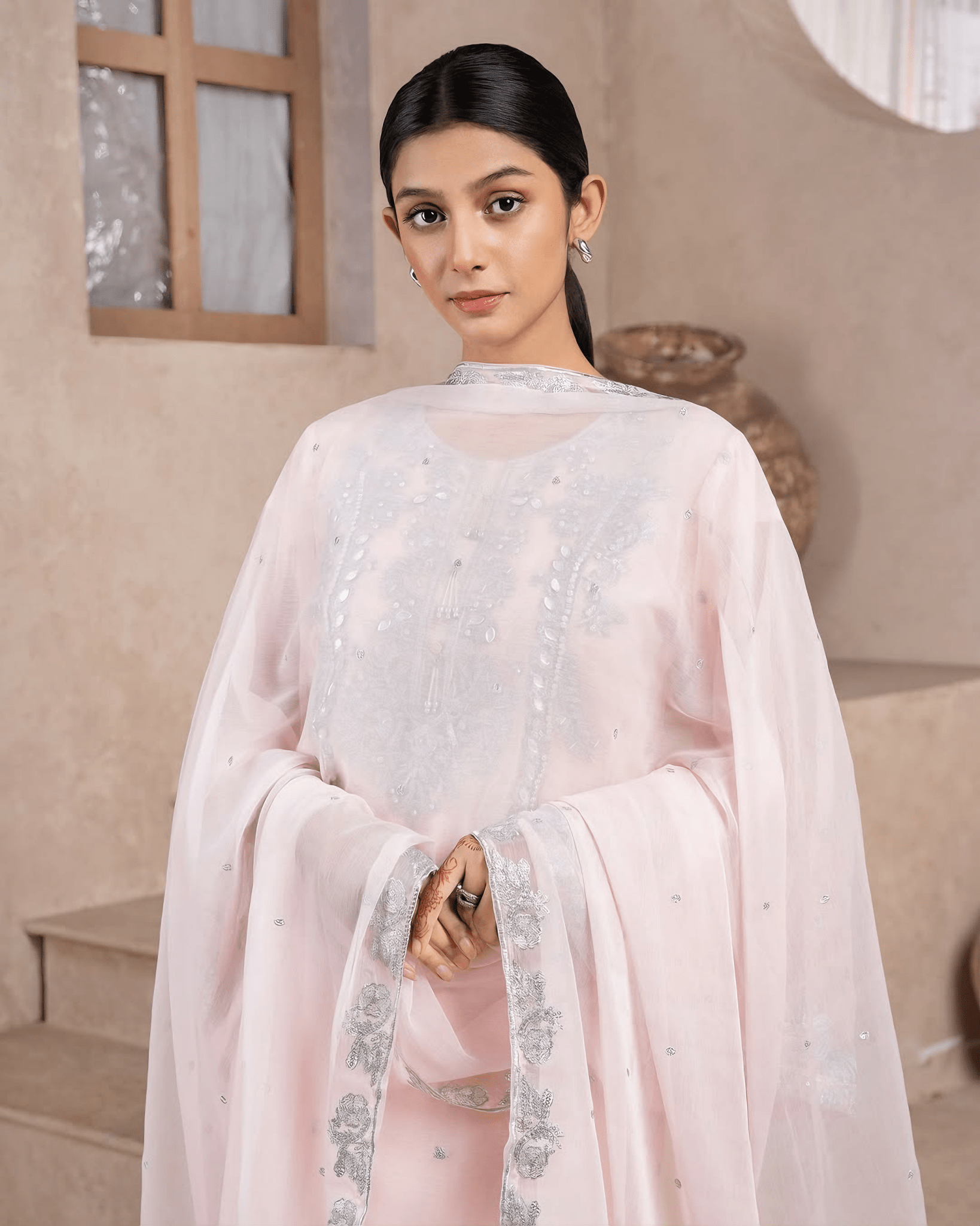 Zayna – Baby Pink Silver Embroidered Chiffon Suit - Qalbi Loom