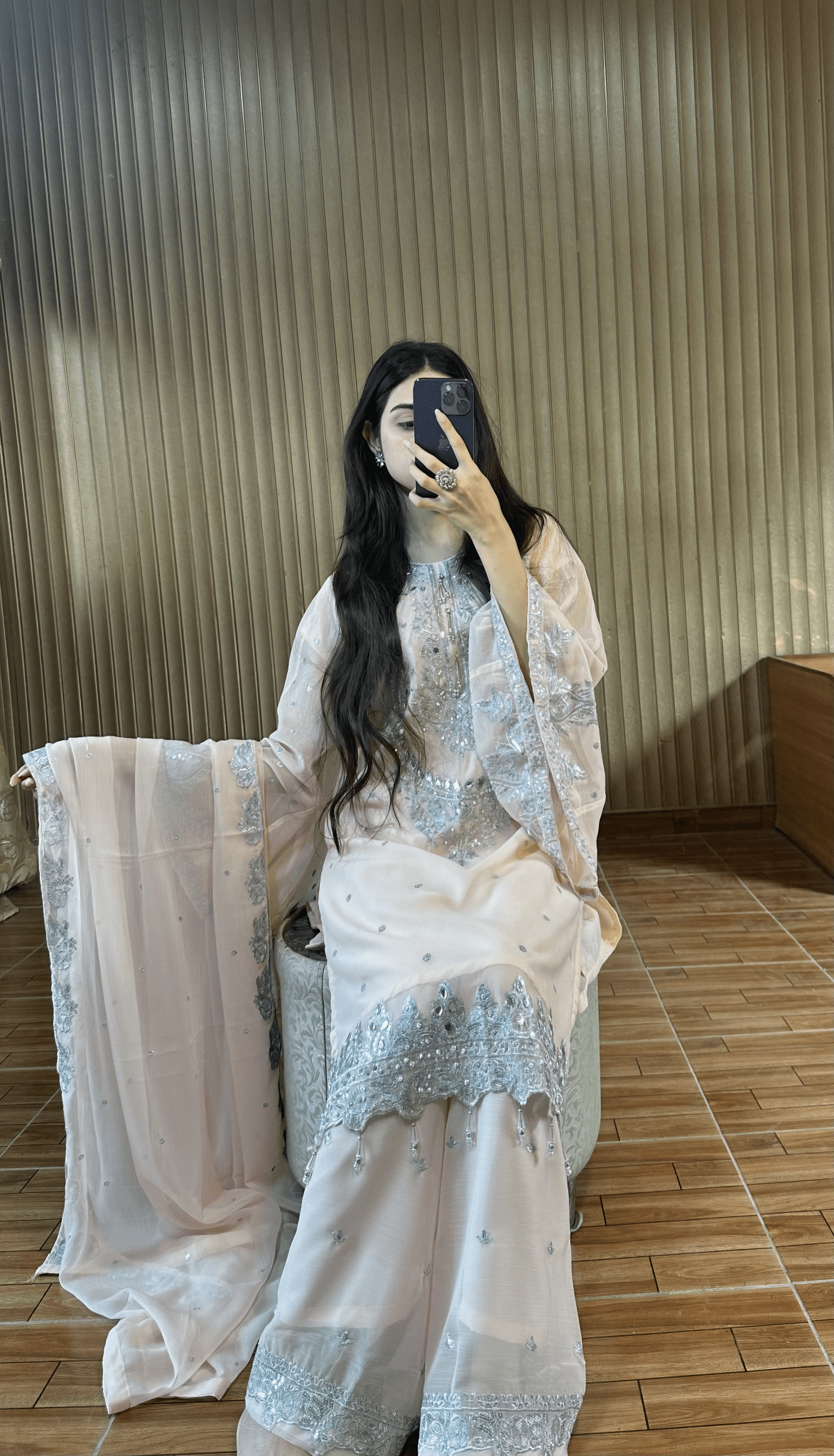 Zayna – Baby Pink Silver Embroidered Chiffon Suit - Qalbi Loom