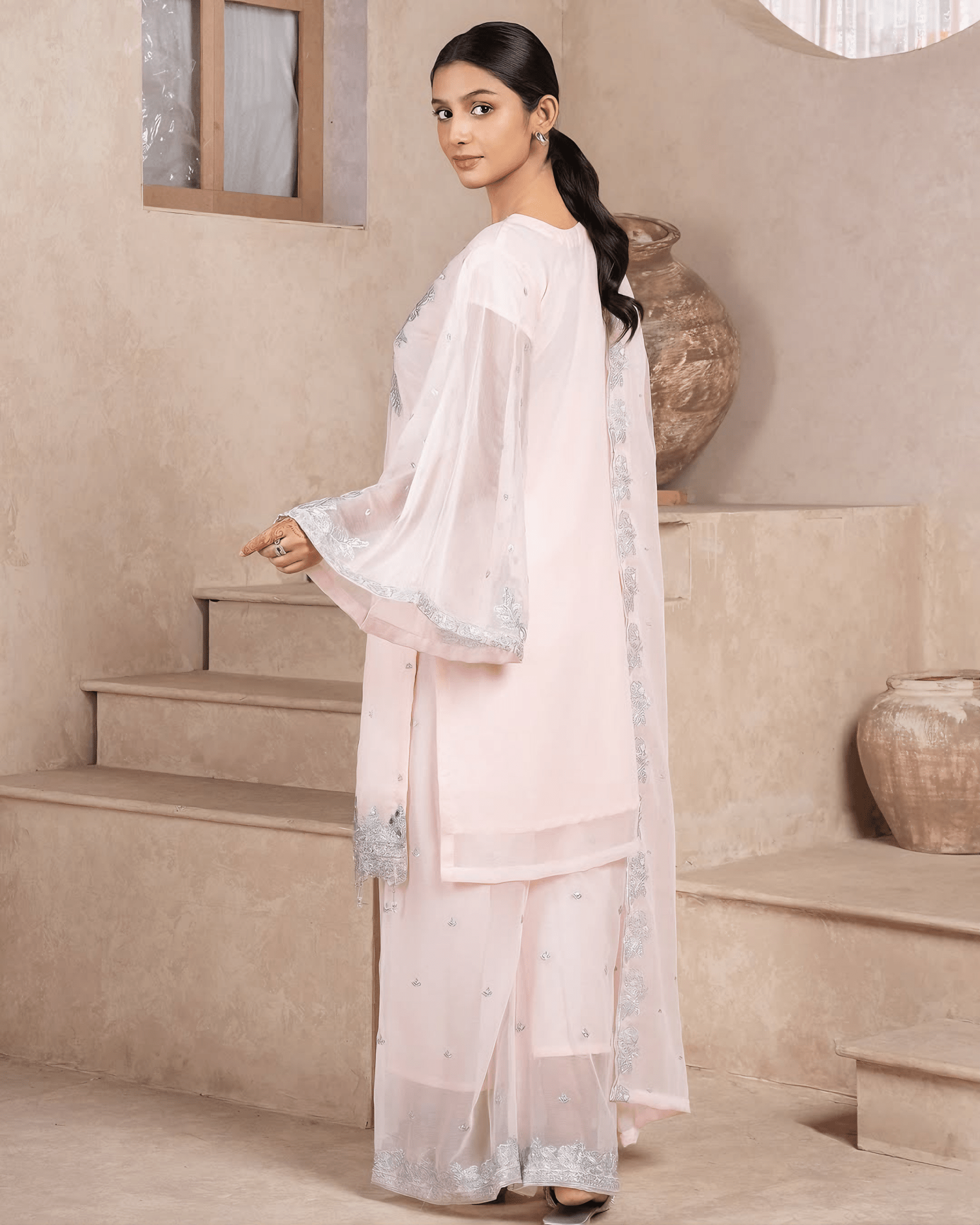 Zayna – Baby Pink Silver Embroidered Chiffon Suit - Qalbi Loom