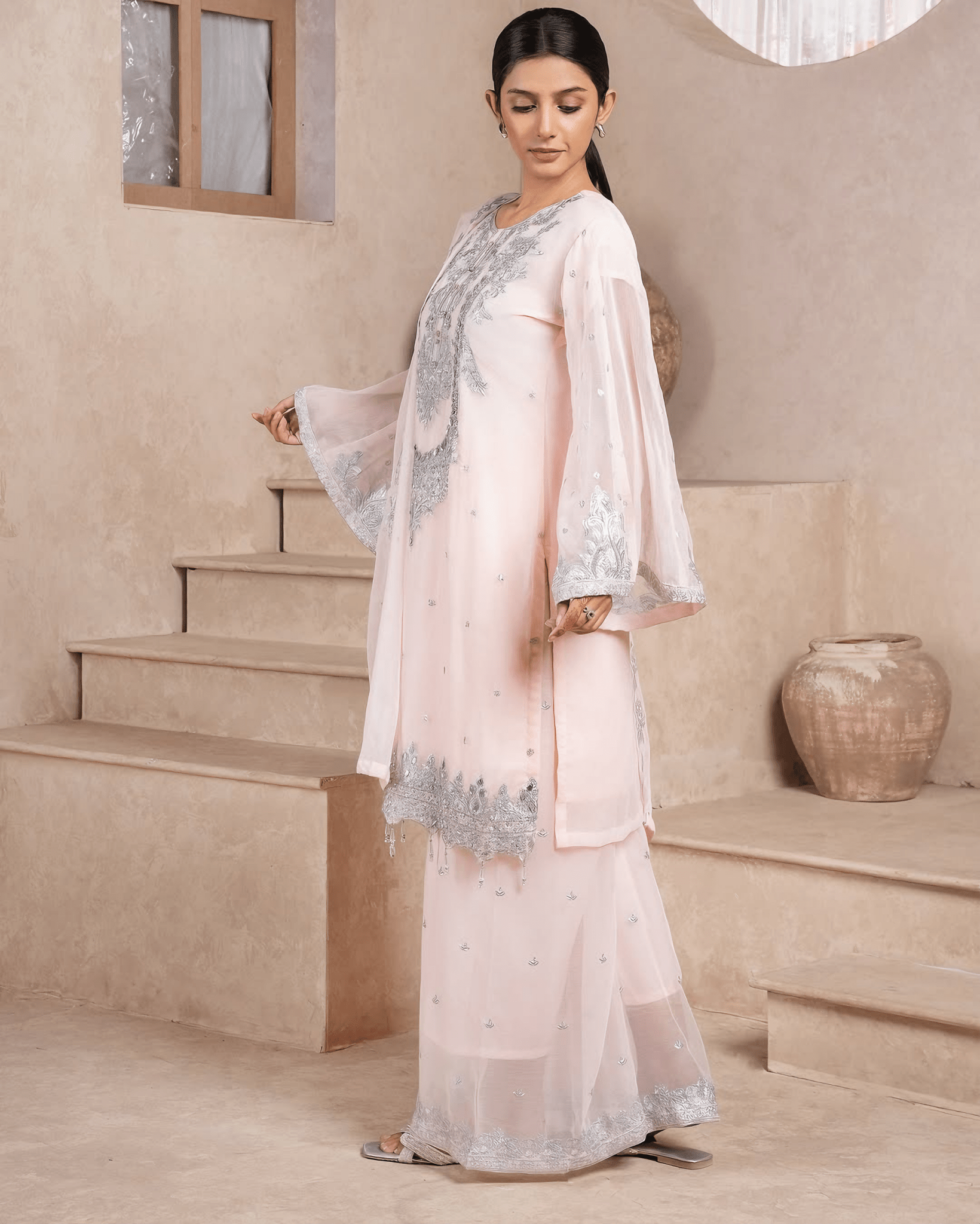 Zayna – Baby Pink Silver Embroidered Chiffon Suit - Qalbi Loom